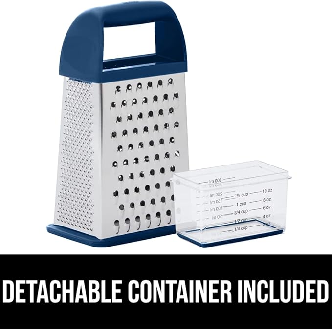 GORILLA GRIP 4-Sided 100% BPA-Free Cheese Grater With Container, Stainless Steel XL Box Graters, Parmesan Shredder, Grate Cheeses, Shred Veggies, Slip Resistant Handle, Dishwasher Safe Zester, Blue