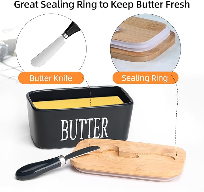 Ceramic Butter Dish with Wooden Lid, Large Butters Container Keeper Storage with Stainless Steel Knife Spreader, Bamboo Cover and Silicone Sealing Ring for West East Coast, Black