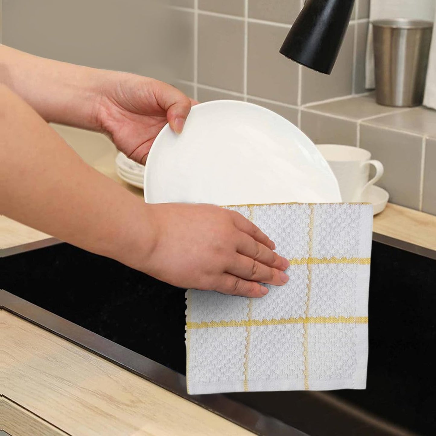 AMOUR INFINI Cotton Kitchen Dish Cloths Set of 8 – Highly Absorbent, Super Soft Premium Terry Cleaning Cloth (12"x12" Inch) Premium Dishcloths for Washing Dishes (Yellow)