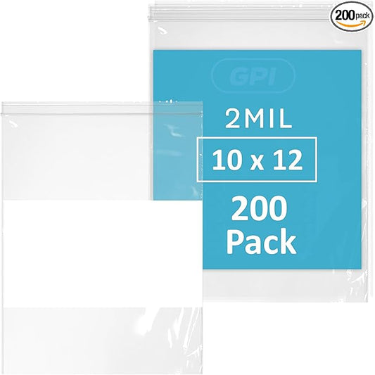 10" x 12" 1 Gallon Zip Bags, 2 Mil Thick Clear Plastic Reclosable Zipper Lock Bags with Write-on White Block, with Resealable Zip Top Lock for Food Storage, A4 Letter Size Paper, 200 Count