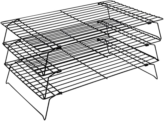Restaurantware Met Lux 15.7 x 9.8 x 8.3 Inch Wire Baking Rack Set 1 Stackable Oven Wire Rack Set - 3-Tier Design Oven-Ready Up To 392F Black Iron Cooling Rack Set With Collapsible Feet