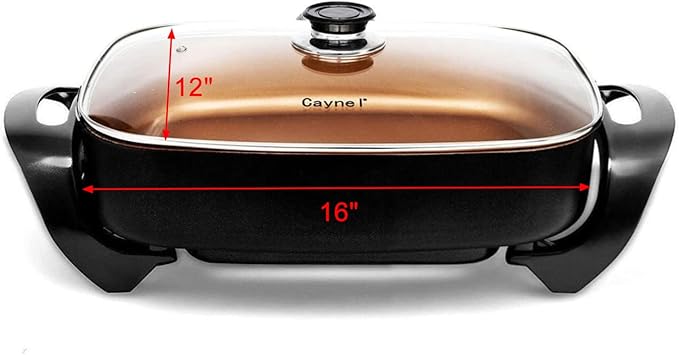 Caynel Professional Non-stick Copper Electric Skillet Jumbo, Deep Dish with Tempered Glass Vented Lid, Upgrade Thermostat, 16”x 12”x 3.15”- 8 quart