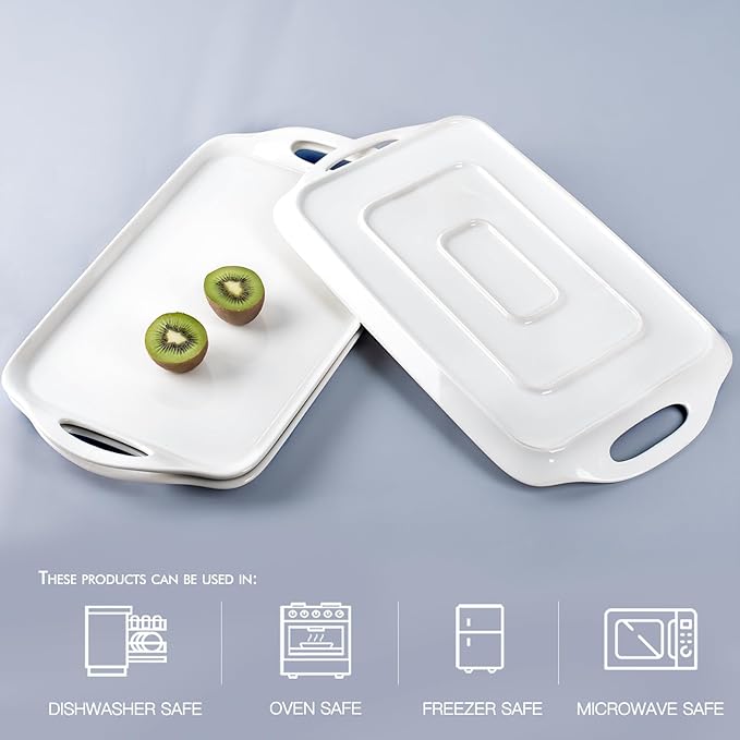 Serving Tray with Handles, 16"x 9.5" Large Serving Platter, White Porcelain Platters for Serving Food, Serving Platters and Trays for Parties, Entertaining, Dessert, Fruit, Turkey, 3-Pack, Rectangle