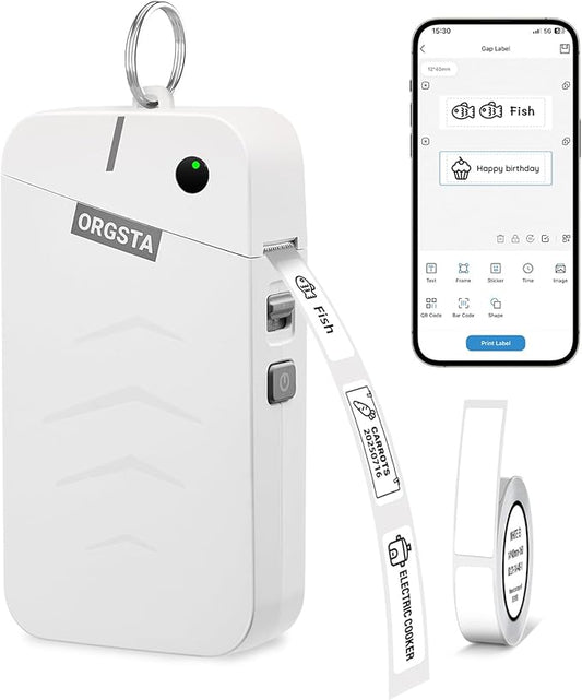 ORGSTA S001 Label Maker Machine with Tape, Portable Bluetooth Label Maker for Home and Office Organization, Thermal Label Printer Mini Sticker Maker with Multiple Templates, White