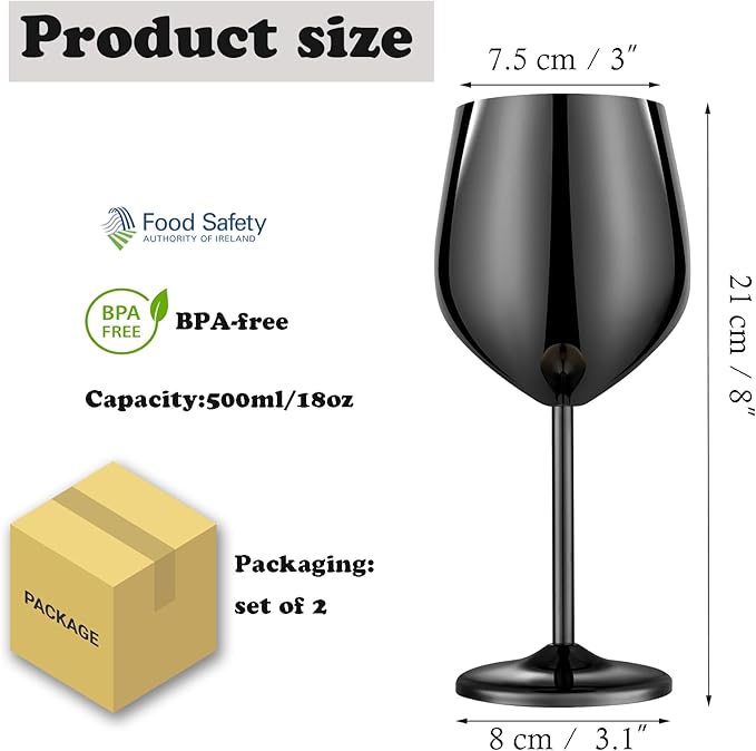 Stainless Steel Wine Glasses Set of 2, 18 oz Unbreakable Black Wine Glass Unique Metal Wine Goblets for Outdoor Capming and Pool Gift for Wine Lovers