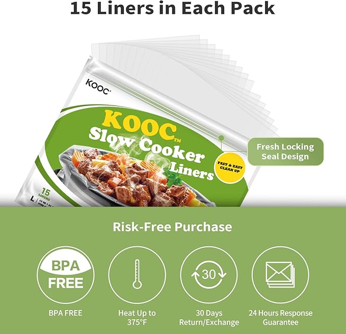 KOOC Slow Cooker Liners 13x21 inch 15 Count Large Size Disposable Pot Liners Cooking Bags Fit 3QT to 8.5QT Pot BPA Free Fresh Locking Seal Design