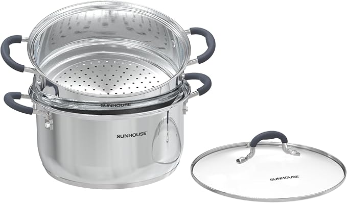 Sunhouse - 3.1 Quarts Steamer Pots With Lid 2-Tier Multipurpose Stainless Steel Steaming Pot Cookware For Vegetable, Dumpling, Sauce, Food - Triple Bottom, Measurement Line