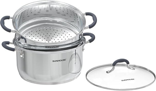 Sunhouse - 3.1 Quarts Steamer Pots With Lid 2-Tier Multipurpose Stainless Steel Steaming Pot Cookware For Vegetable, Dumpling, Sauce, Food - Triple Bottom, Measurement Line