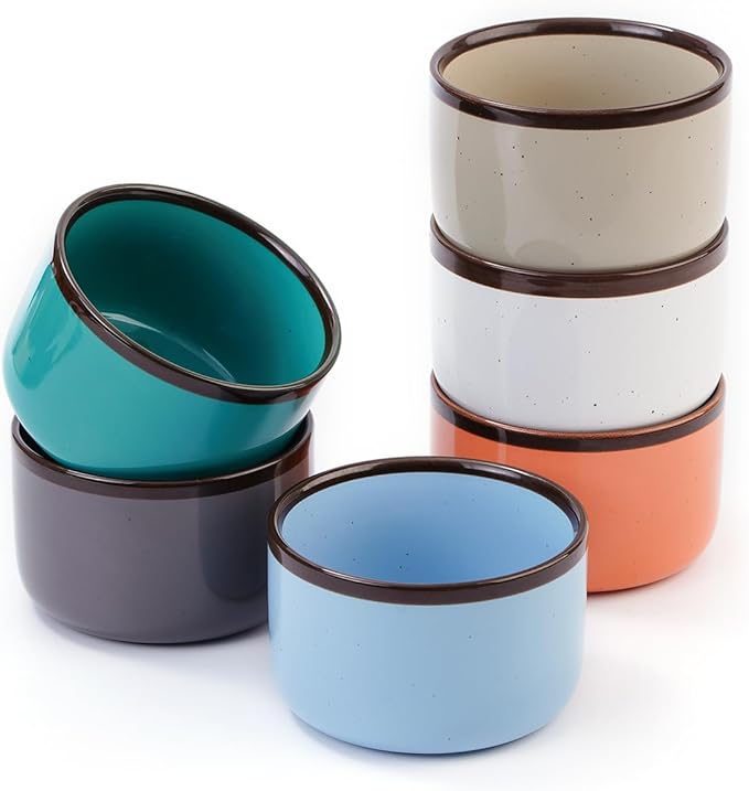 Juimma Ramekins 6 oz, Creme Brulee Ramekins Oven Safe, Ramiken Small Bowls Ceramic Baking Dishes for Pudding Custard, Dipping Sauce Cups for Souffle Ice Cream, Set of 6, Morandi Color