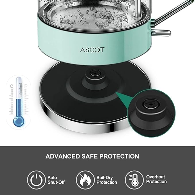 ASCOT Electric Kettle, Glass Electric Tea Kettle Gifts for Men/Women/Family 1.5L 1500W Borosilicate Glass Tea Heater, with Auto Shut-Off and Boil-Dry Protection (Green)
