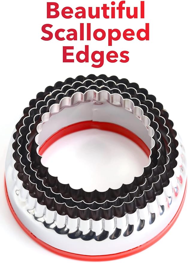 4-Pieces Fluted Round Cookie Cutters, Metal Circle Biscuit Cutters Set, Wave Cookies Cutter with Fluted Edge, Unique Design with Protective Red Top PVC