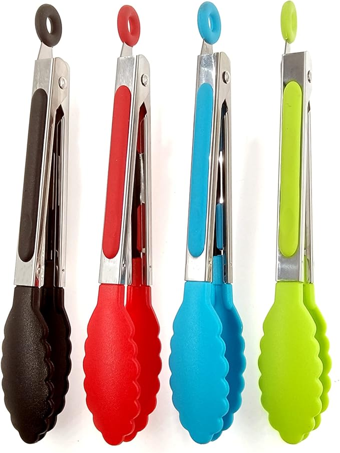 4Pcs Silicone Tongs, Kitchen Tongs 7” Non-slip & Easy Grip Stainless Steel Handle - Smart Locking Clip - Heat Resistant, Food Grade