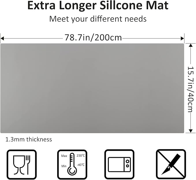 Large Silicone Heat Resistant Mat 78.7” x 15.7”, Nonslip Silicone Mats for Kitchen Counter, Countertop Protector, Nonstick Waterproof Craft Mat Table Placemat, Gray