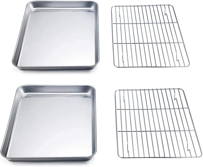 TeamFar 9'' x 7'' x 1'' Toaster Oven Pan with Rack Set of 4, Stainless Steel Compact Toaster Ovenware Pan with Cooling Rack, Healthy & Heavy Duty, Easy Clean & Dishwasher Safe, (2 Pans + 2 Racks)