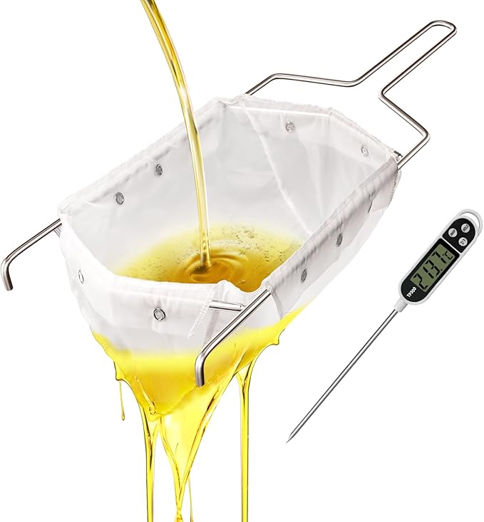 Fryer Filter Bag & Frame Set, Reusable Oil Strainer for 70 lb Cooking Oil, Fine Mesh to Capture Crumbs, Durable for Home & Commercial Use, with 1 Professional Food Thermometer