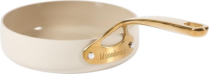 bloomhouse - Oprah's Favorite Things - 8 Inch Heavy Duty Aluminum Premium PFA Free Ceramic Nonstick Saute/Deep Frying Pan Skillet - Almond Cream w/Gold Handle