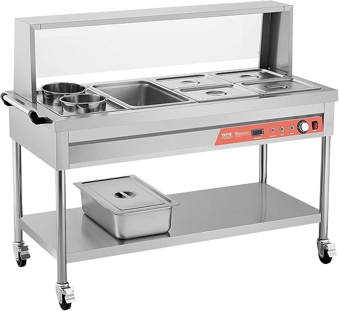 VEVOR Commercial Food Warmer, 5 Pans + 2 Pots Electric Steam Table, 1800W Professional Buffet Catering Food Warmer with Shield Undershelf Wheels, Stainless Steel Server for Party Restaurant Hotel
