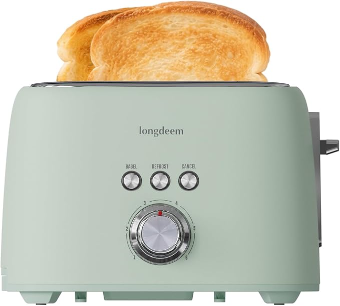 2-Slice Toaster 1.5" Extra Wide Slot Stainless Steel with High Lift Lever, 6 Presets & Bagel/Defrost/Cancel Function, Removal Crumb Tray, Under Base Cord Storage, Green