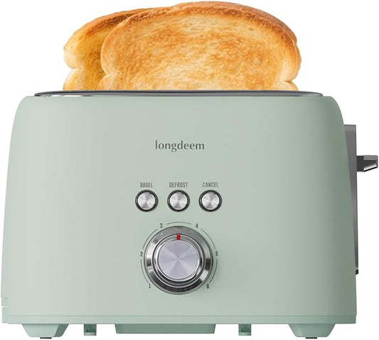 2-Slice Toaster 1.5" Extra Wide Slot Stainless Steel with High Lift Lever, 6 Presets & Bagel/Defrost/Cancel Function, Removal Crumb Tray, Under Base Cord Storage, Green