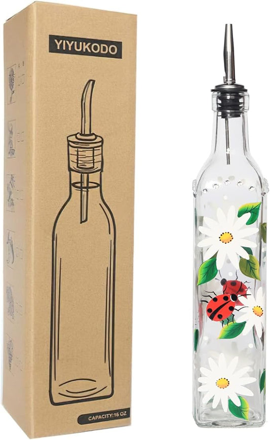 17oz Hand Painted Glass Olive Oil Bottle - 500ml Green Oil & Vinegar Cruet with Pourers - Olive Oil Carafe Decanter for Kitchen (Daisy)