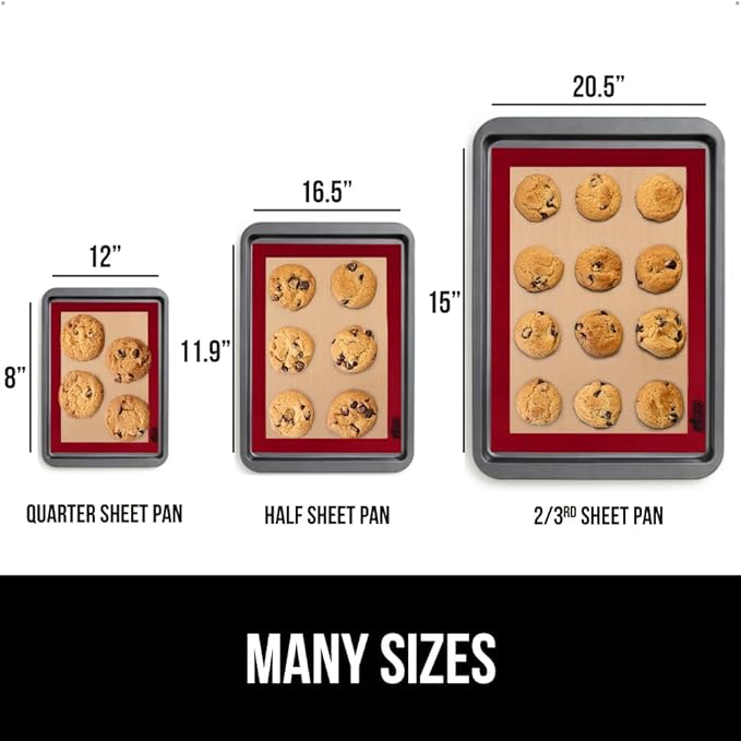 GORILLA GRIP Reusable Nonstick Silicone Baking Mat, 2 Pack, 16.5x11.87, BPA-Free Oven Safe Food Liner, For Cookie Sheets, No Mess Easy Clean Pastry Mats, Kitchen Essential, Half Sheet Size, Red