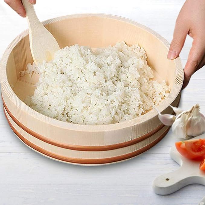 Kichgather 10.6 Inch Wooden Sushi Rice Bowl Hangiri Sushi Oke Rice Mixing Tub