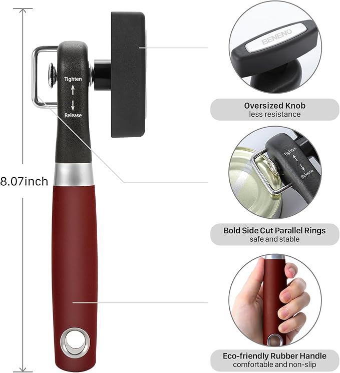 Beneno Can Opener, Manual Side Safe Cut Can Opener Smooth Edge with Durable Sharp Blade, Effort-Saving Knob & Comfortable Non-slip Handle, Red