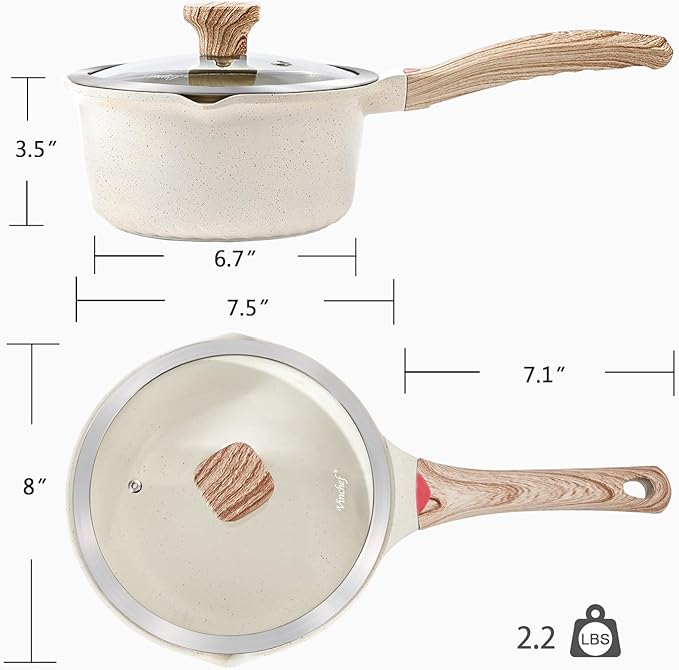 VINCHEF Nonstick Saucepan with Lid, 2QT Sauce Pan with Stay Cool Handle, Non Stick Small Cooking Pots Induction pot, Dishwasher Safe, Compatible for All Stove Top, PFAS and PFOA Free White