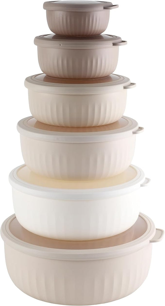 COOK WITH COLOR Prep Bowls with Lids- Wide and Deep Nesting Plastic Small Mixing Bowl Set with Lids, 12 Piece Set - Wide Bowls, Brown