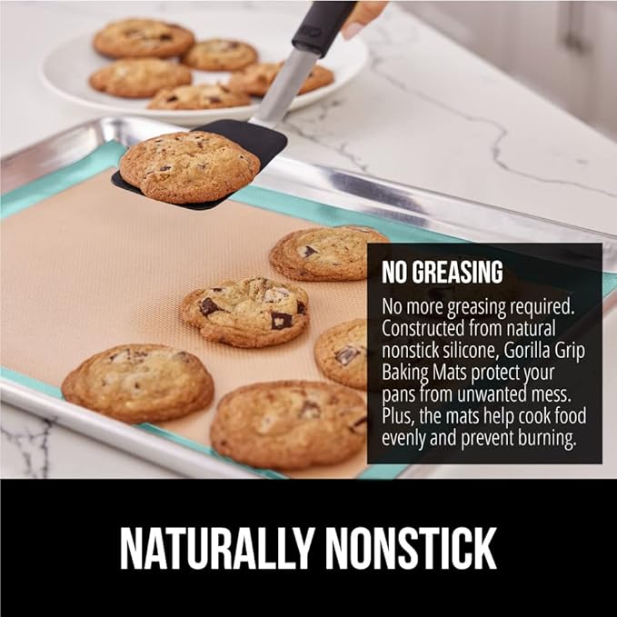 GORILLA GRIP Reusable Nonstick Silicone Baking Mat, 2 Pack, 16.5x11.87, BPA-Free Oven Safe Food Liner, For Cookie Sheets, No Mess Easy Clean Pastry Mats, Kitchen Essential, Half Sheet Size, Mint