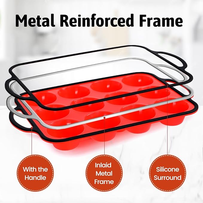 FUNBAKY Silicone Muffin Pan for Baking, Metal Reinforced Frame Muffin Pan Nonstick 12 Cups for Oven Baking Easy to Handle BPA Free