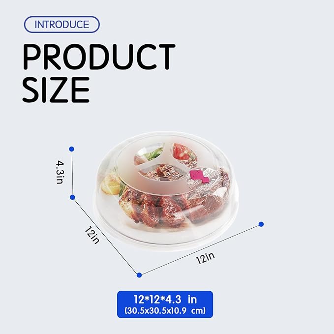 Microwave Splatter Cover 12 Inch Large Plate Cover for Microwave Oven 2 in 1 Food Grade Plastic with Silicone Air Vent Tall Lid BPA Free 2 Pack Clear
