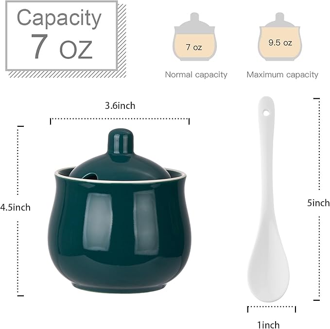 Ceramic Sugar Bowl with Lid and Spoon, Green Porcelain Sugar Salt Pepper Storage Jar, 8 Ounces
