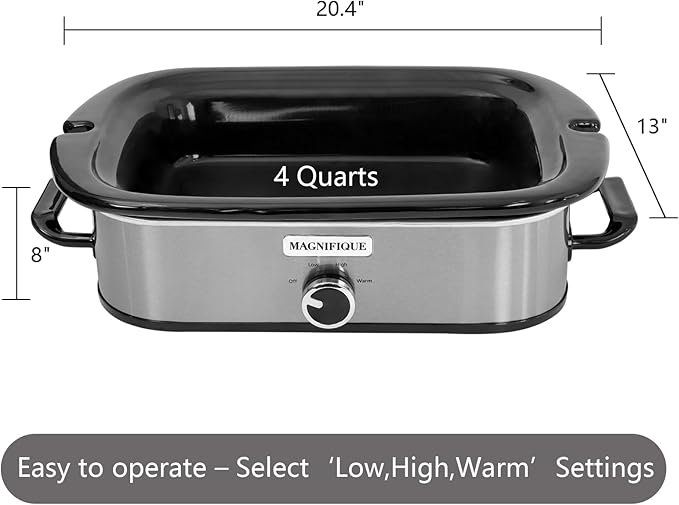 4-Quart Slow Cooker with Casserole Manual Warm Setting - Perfect Kitchen Small Appliance for Family Dinners, Dishwasher Safe Crock, Stainless Steel