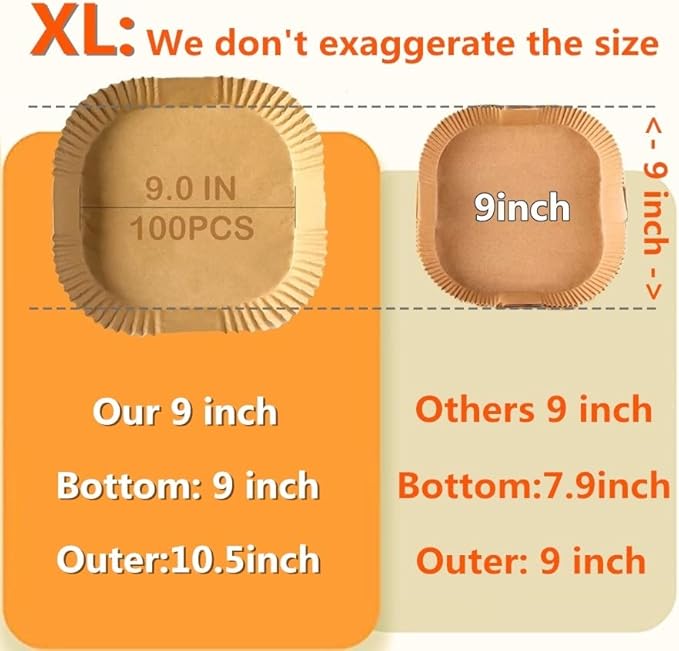 Air Fryer Disposable Paper Liners 9inch, Air Fryer Rack 100PCS Square Liners, Non-Stick Thickened Waterproof Oil-Proof Baking Paper(9.0''-XL)