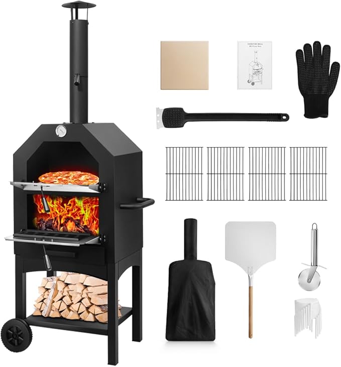 EDOSTORY Outdoor Pizza Oven, Wood Fired for Outside, Patio Maker With Stone, Peel, Grill Rack, and Waterproof Cover for Backyard Camping
