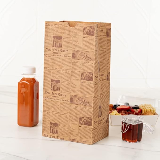 Restaurantware Bag Tek 8 Lb Disposable Lunch Bags 100 Sturdy Take Out Bags - Flat Bottom Microwavable Kraft Newsprint Design Paper Bags Freezable Great For Restaurants Cafes And Bakeries