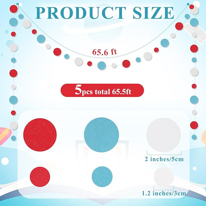 Outus 5 Pieces Colorful Dots Paper Garland Round Glitter Garland Hanging Confetti Streamers Backdrop Decoration for Birthday Classroom Candy Sprinkles Trunk or Treat Party (Light Blue,White,Red)