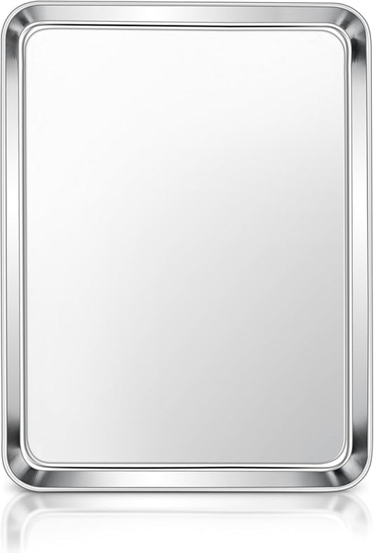 E-far Stainless Steel Baking Sheet, 12.4” x9.7” Baking Cookie Sheet Pan for Oven, Non-toxic Metal Toaster Oven Tray for Cake Cookie, Healthy & Rust Free, Mirror Finish & Dishwasher Safe, 1 Pack