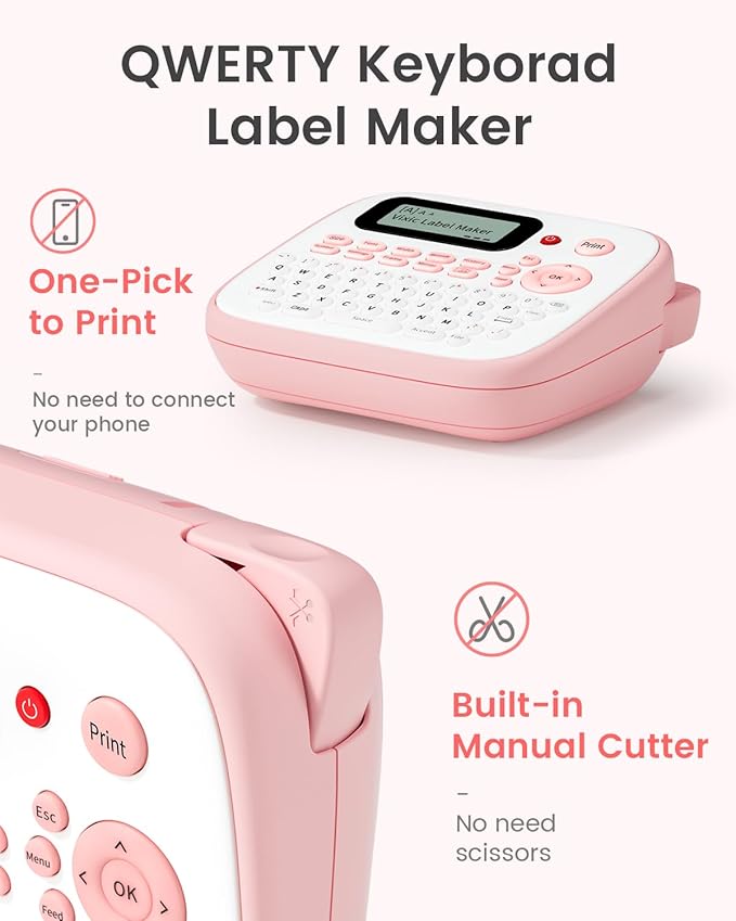 Pink Label Maker, D210S Label Maker with Tapes Waterproof, Handheld Label Makers Labeler Includes USB-C for Power, Easy-to-Read Screen, Multiple Fonts Icons Frames for Home Office Organization