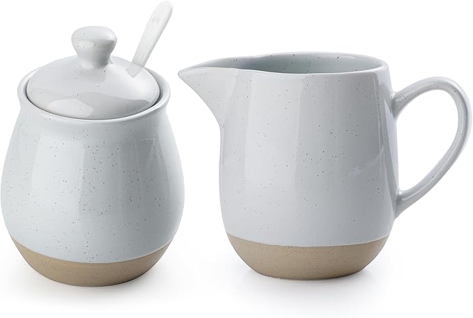 famiware Milkyway Ceramic Sugar and Creamer Set, 10oz Sugar Bowl & 13oz Creamer Set – Stoneware Milk Pitcher & Sugar Dispenser for Coffee Bar, Kitchen, or Countertop, Coffee Serving Set, Light Gray