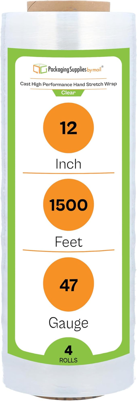 PSBM High Performance Pallet Stretch Wrap, 4 Pack Plastic Moving Wrap in 12 Inch x 1500 Feet, 47 Gauge, Clear Packing wrap for Moving, Ideal for Furniture Wrapping for Moving Purposes