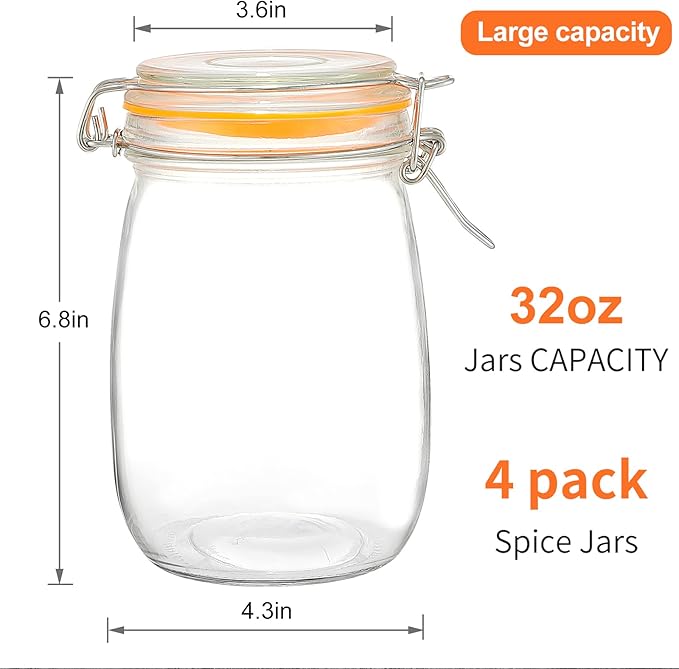 DANALLAN Wide Mouth Mason Jars, 4Pcs 32 oz Glass Jars with Airtight Lid Large Mason Canning Jars Clear Storage Canister Jars with Measurement Marks for Canning Flour Jam Jelly Coffee Sugar Beans
