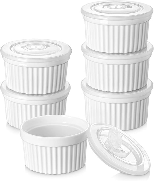 vancasso 10 oz Ramekins with Lid, Porcelain Creme Brulee Souffle Dishes, White Pudding Custard Cups Ramiken for Baking, Dishwasher and Oven Safe, Set of 6