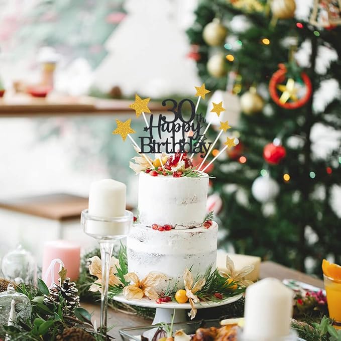 Glittery 30th Happy Birthday Cake Topper with Star,Personalised 30 Birthday Cake Toppers Party Decorations Party Supplies for Men Women Black Gold