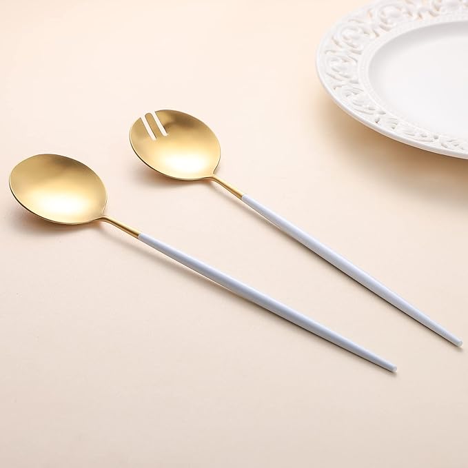 Salad Servers,Spoon and Fork Set 11.41 inch,18/10 Stainless Steel Salad Serving Titanium Plating (White gold)