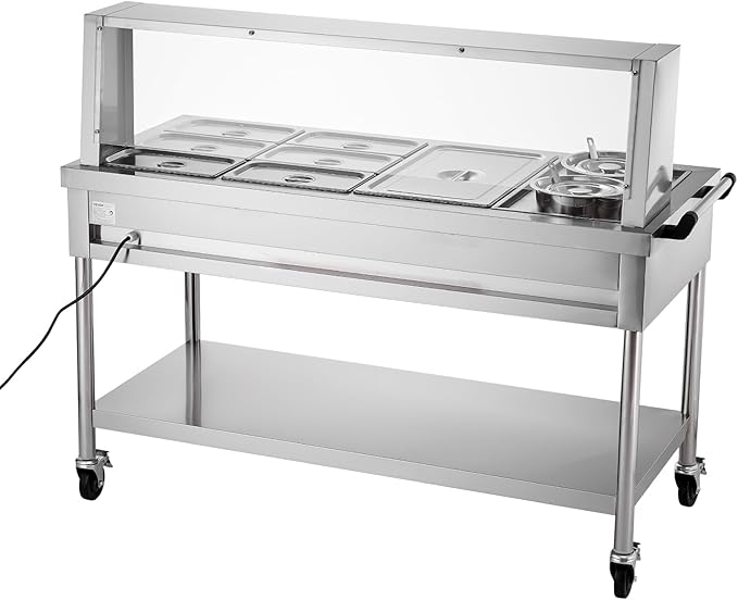 VEVOR Commercial Food Warmer, 7 Pans + 2 Pots Electric Steam Table, 1800W Professional Buffet Catering Food Warmer with Shield Undershelf Wheels, Stainless Steel Server for Party Restaurant Hotel