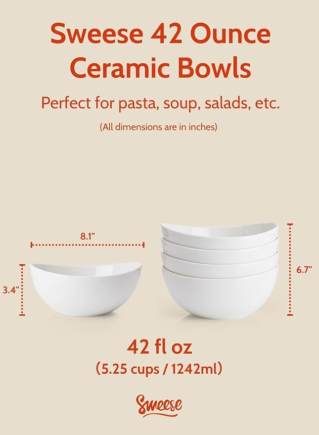 Sweese 8 Inch Porcelain 42 oz Serving Bowls Set of 4, for Salad | Soup | Snacks | Pasta - Microwave, Dishwasher, and Oven Safe - White