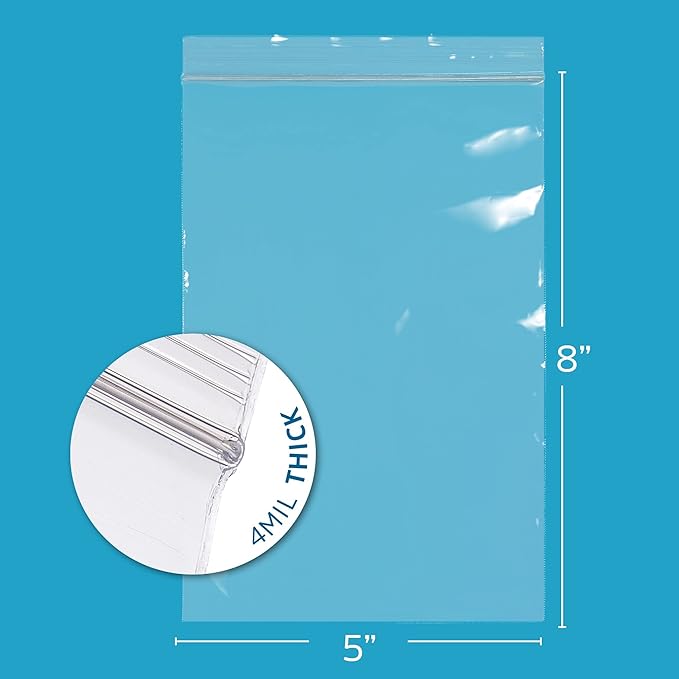 CLEAR PLASTIC RECLOSABLE ZIP BAGS - Bulk GPI Pack Of 200 5"x8" 4mil Thick Heavy Duty strong & Durable Poly Baggies With Resealable Zipper Lock For Travel, Storage, Packaging & Shipping.