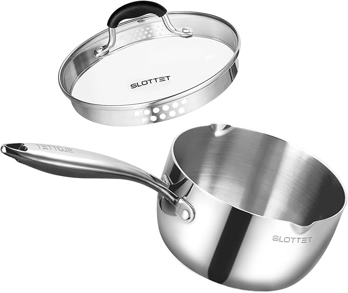 Tri-Ply Whole-Clad Stainless Steel Sauce Pan with Pour Spout,1.5 Quart Small Multipurpose Pasta Pot with Strainer Glass Lid, Saucepan for Cooking with Stay-cool Handle.